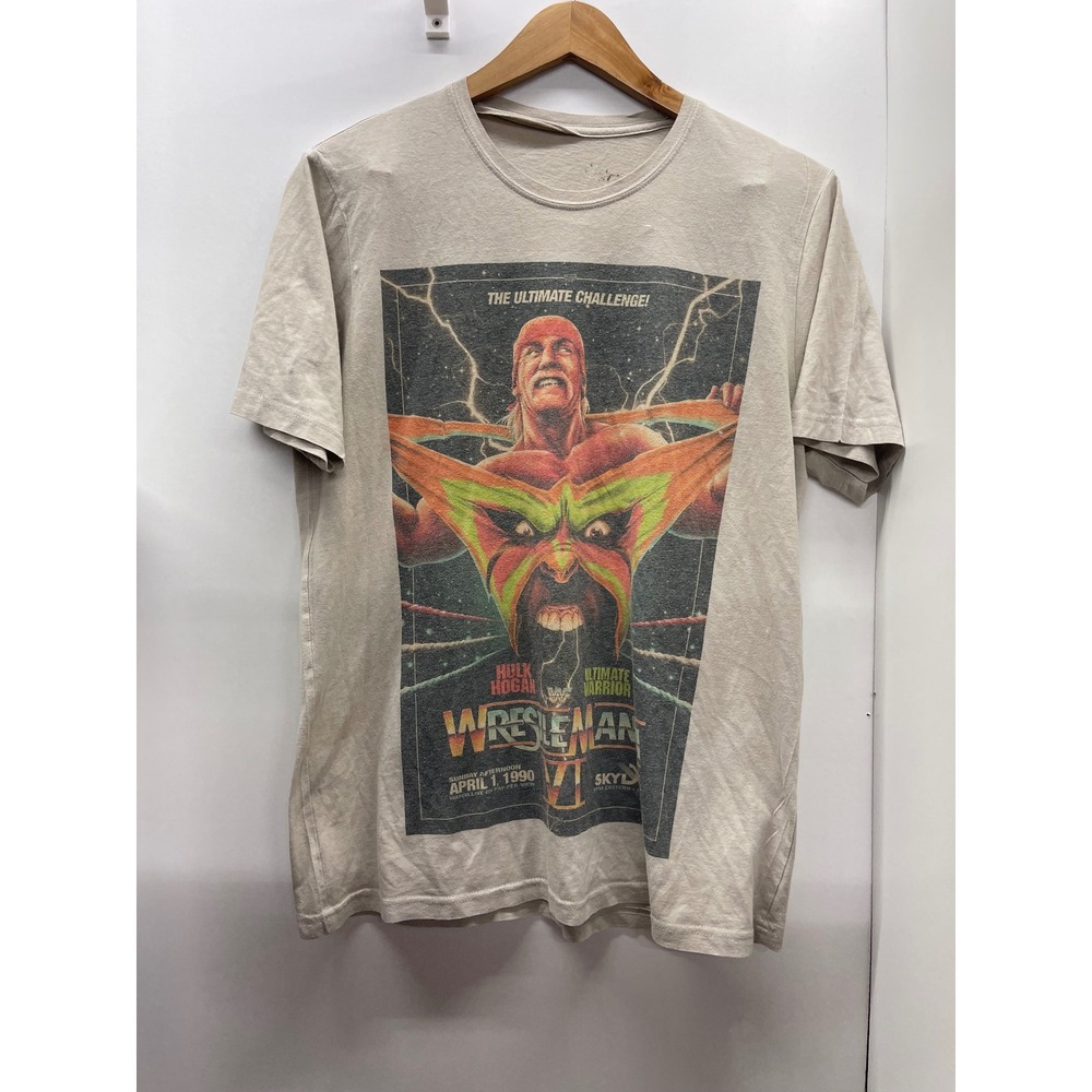 Vintage 1990 WrestleMania VI T-Shirt Hulk Hogan vs Ultimate Warrior Tan Large